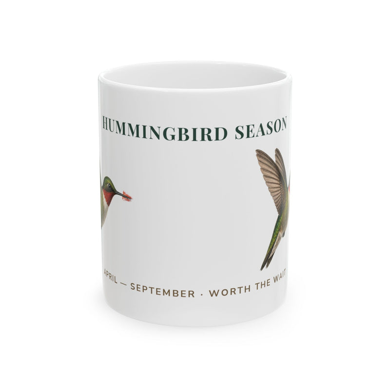 Hummingbird Season mug with a floral hummingbird design