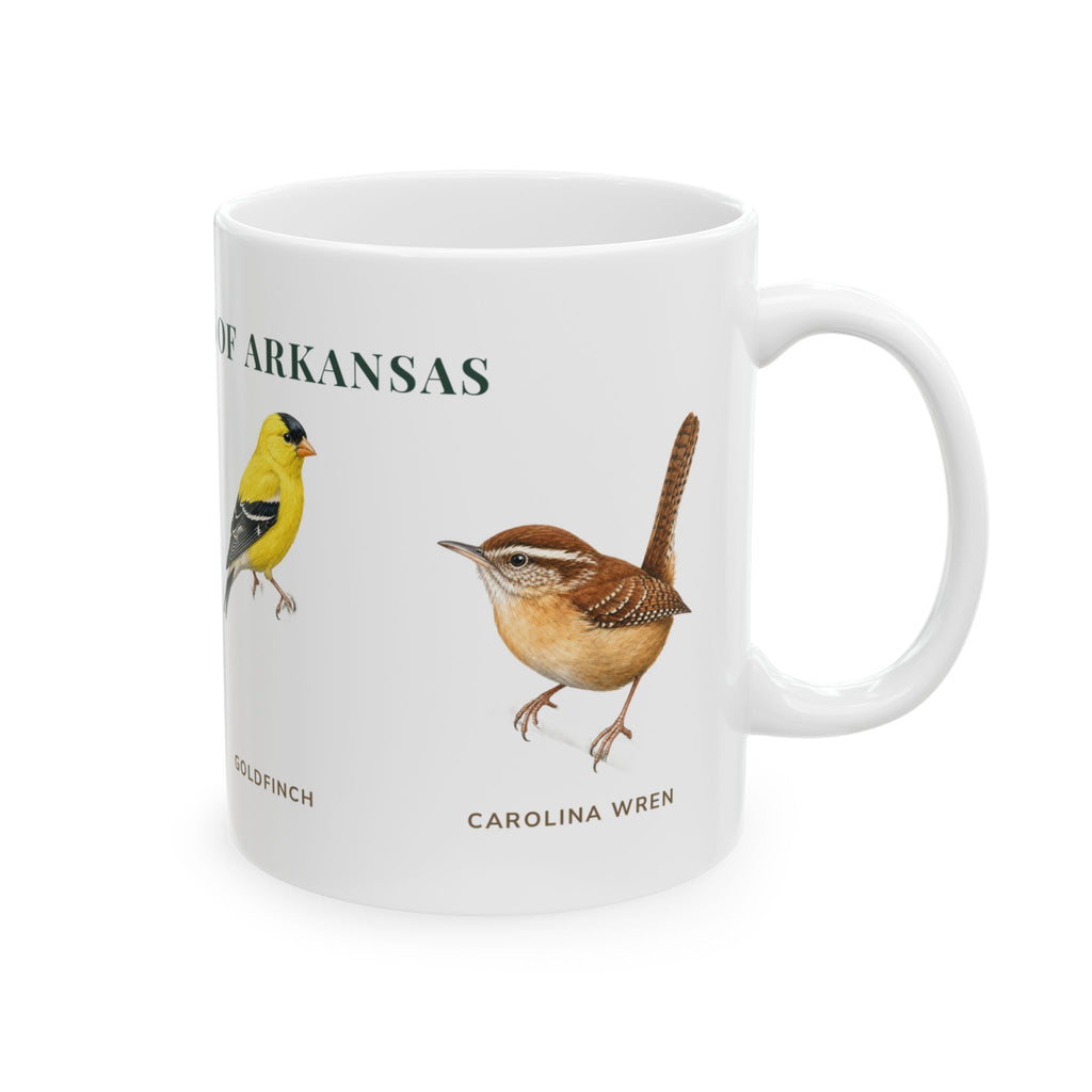 Backyard Birds of Arkansas mug, right side with labeled bird illustrations