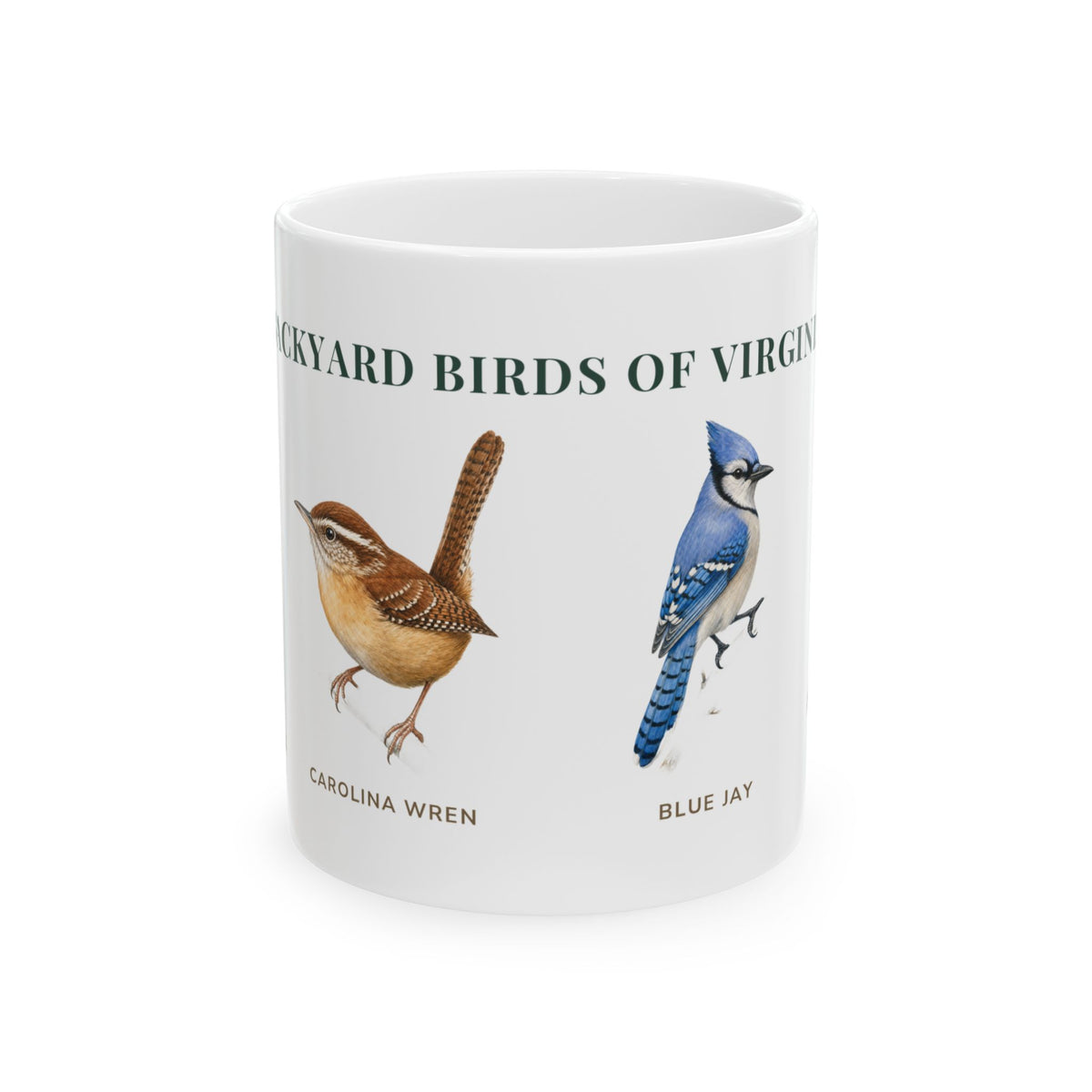 Backyard Birds of Virginia ceramic mug with labeled illustrations of Carolina Wren, Blue Jay and Northern Cardinal