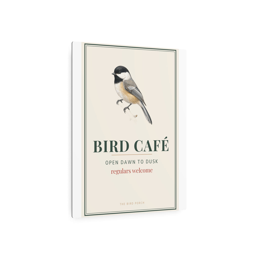 Bird Café Metal Sign – Open Dawn to Dusk Chickadee Porch Sign, Bird Feeder Garden Decor