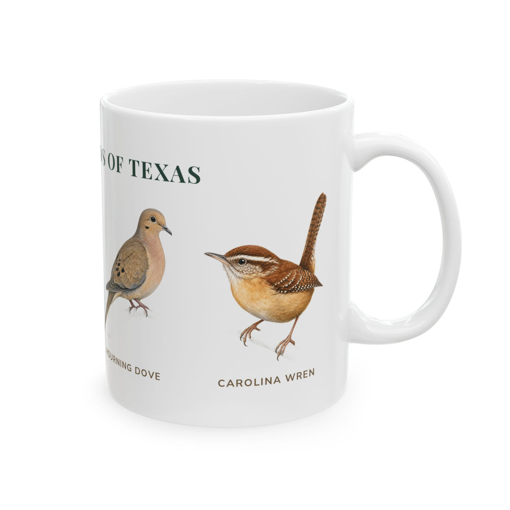 Backyard Birds of Texas mug, alternate view — labeled Cardinal, House Finch and Mourning Dove illustrations