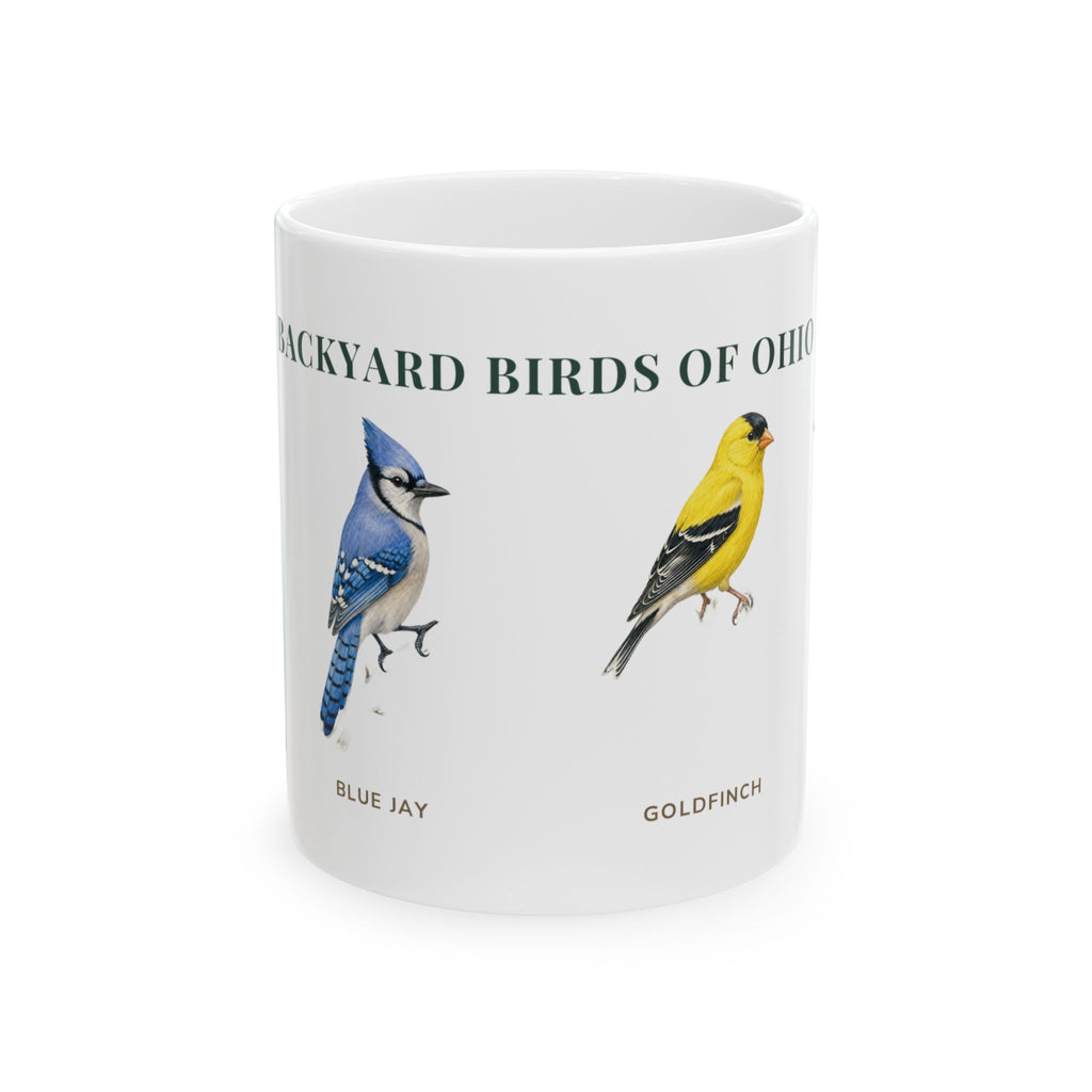 Backyard Birds of Ohio ceramic mug with labeled illustrations of Northern Cardinal, Blue Jay and American Goldfinch