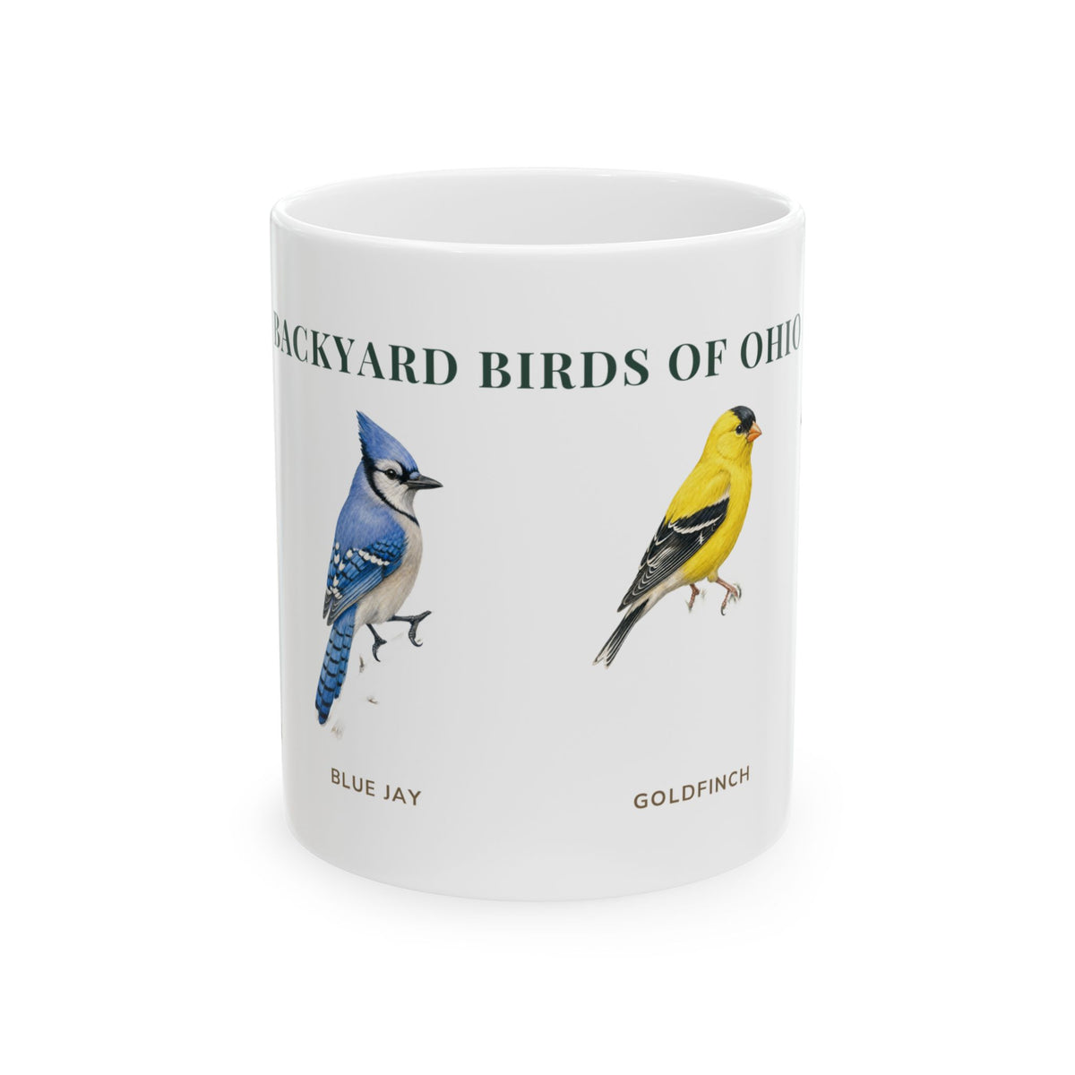 Backyard Birds of Ohio ceramic mug with labeled illustrations of Northern Cardinal, Blue Jay and American Goldfinch