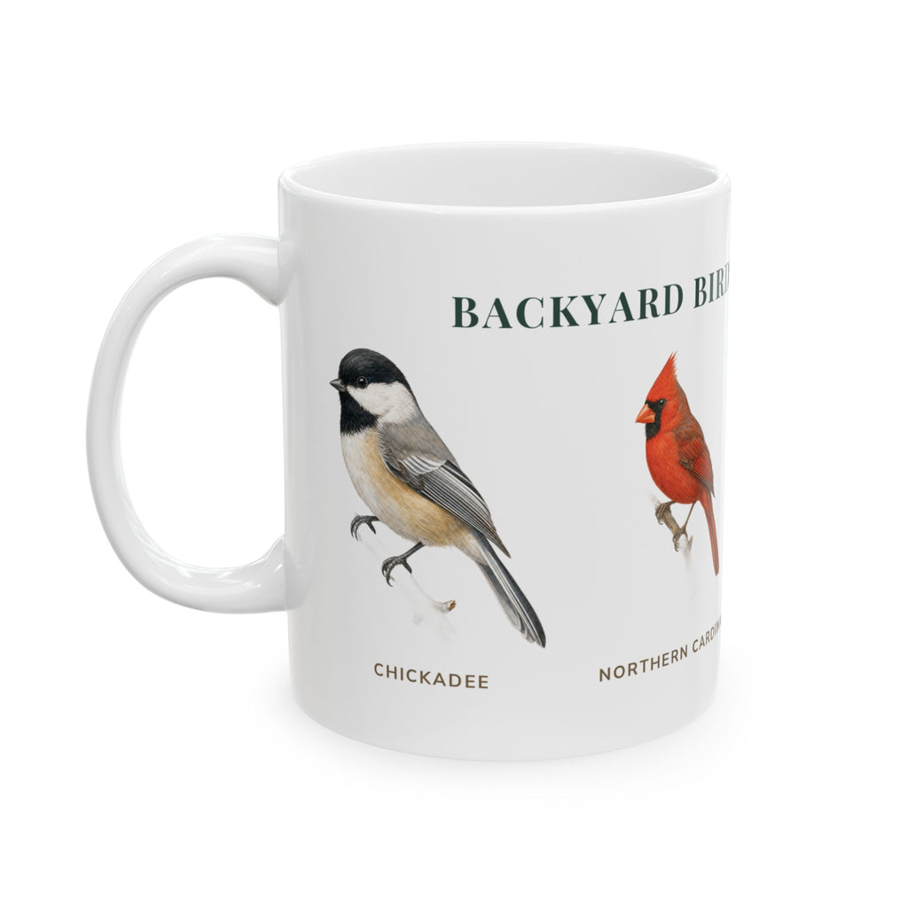 Backyard Birds of Connecticut mug, left side with labeled bird illustrations