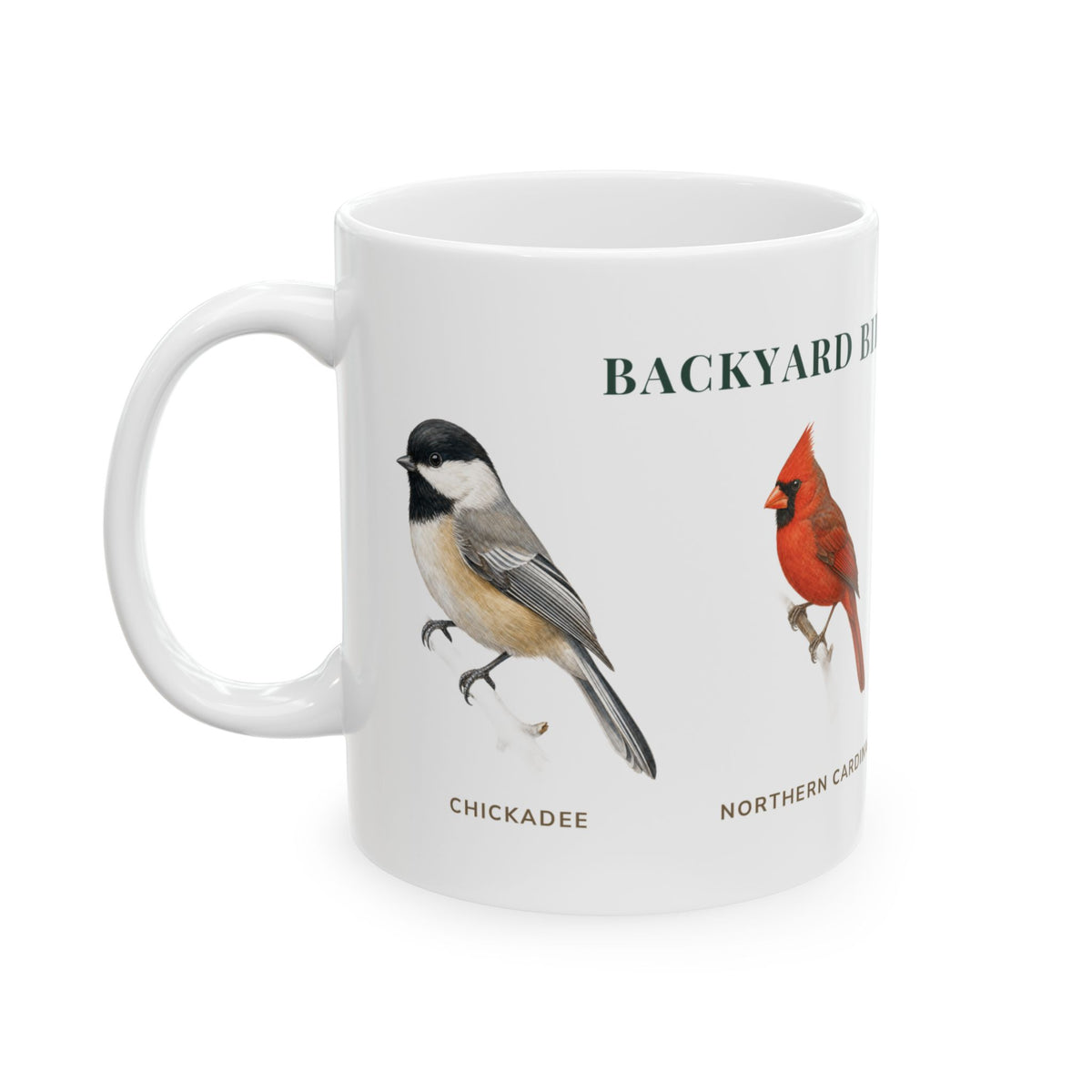 Backyard Birds of Arkansas mug, left side with labeled bird illustrations