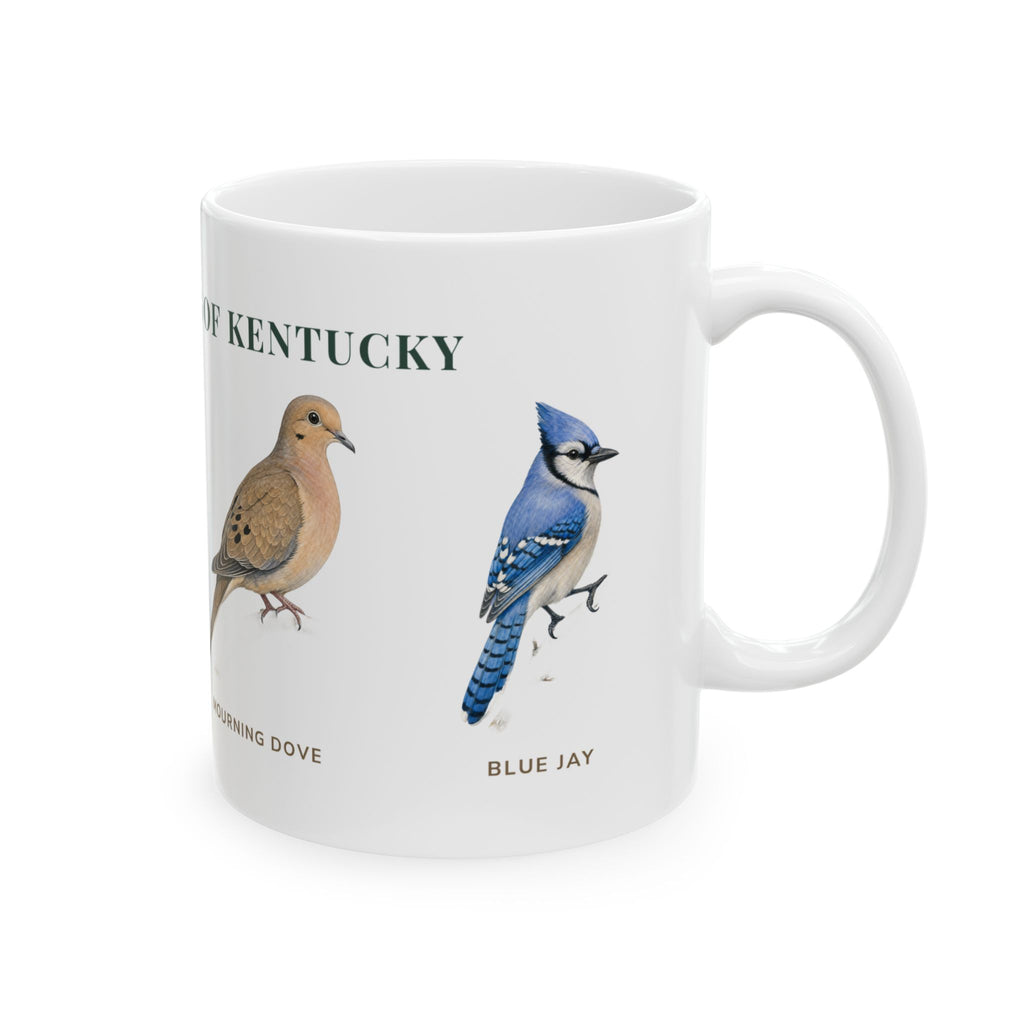 Backyard Birds of Kentucky mug, right side with labeled bird illustrations