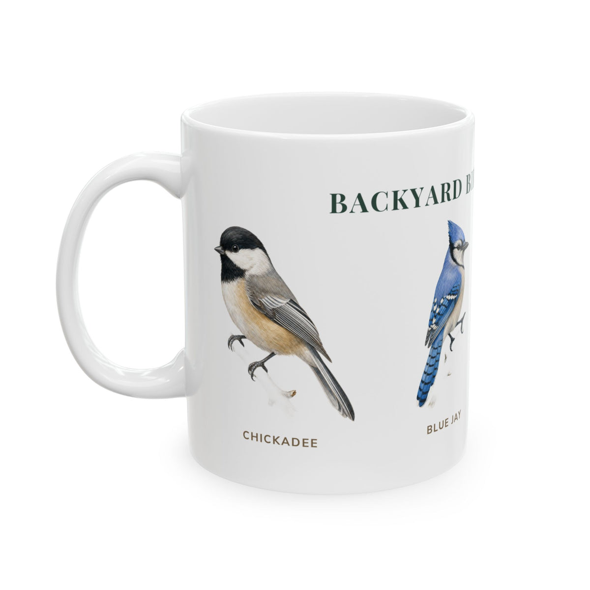 Backyard Birds of Vermont mug, left side with labeled bird illustrations