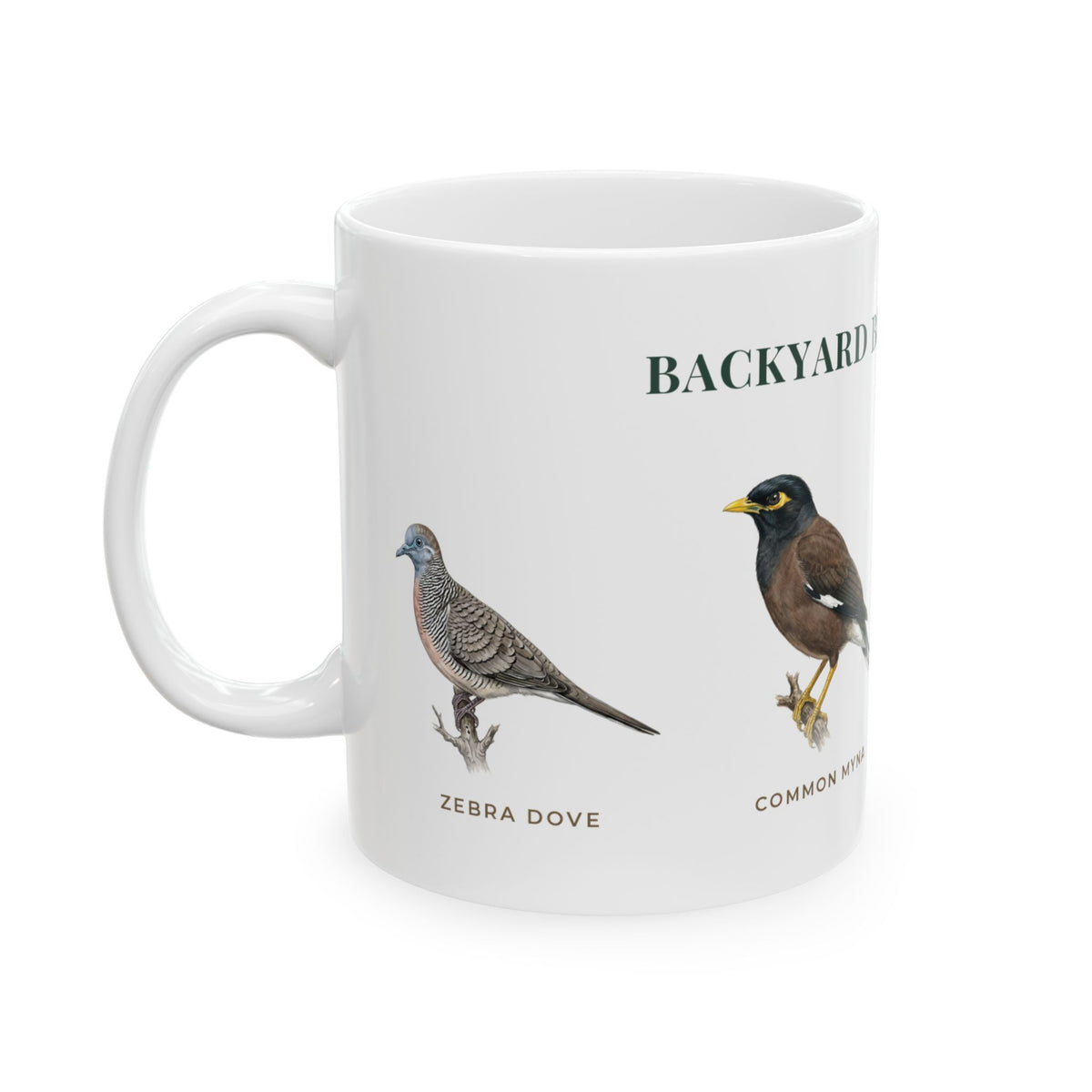 Backyard Birds of Hawaii Mug — Labeled Zebra Dove, Common Myna, Red-crested Cardinal & Warbling White-eye (11oz)