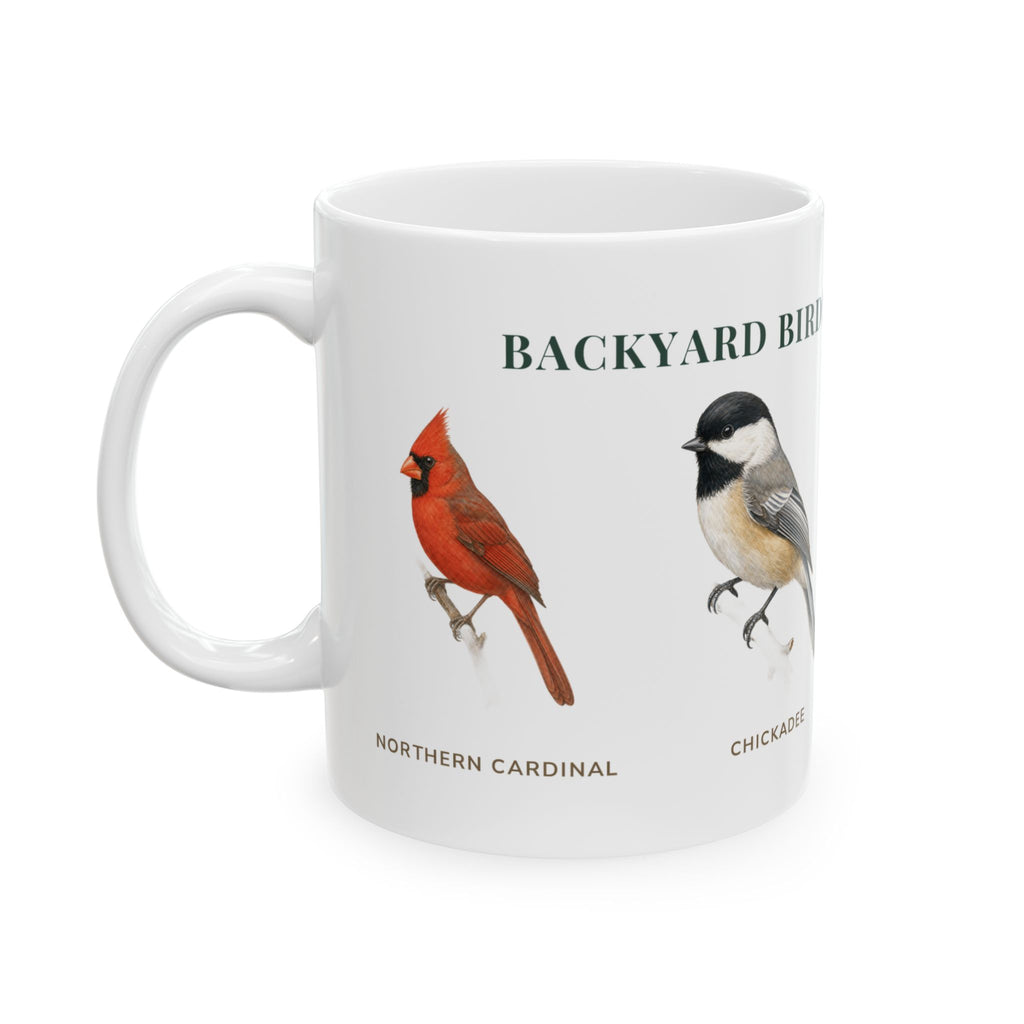 Backyard Birds of Pennsylvania mug, alternate view — labeled Goldfinch, Cardinal and Chickadee illustrations