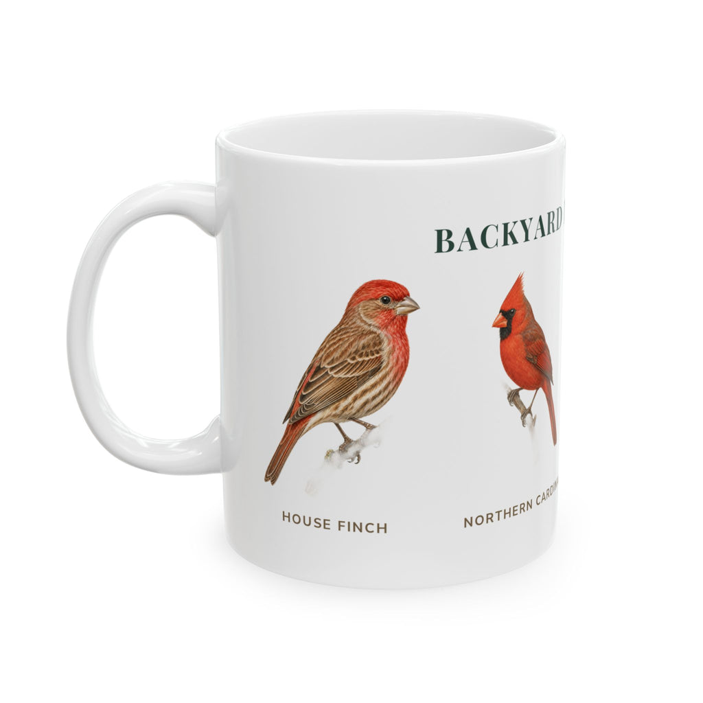 Backyard Birds of Iowa mug, left side with labeled bird illustrations