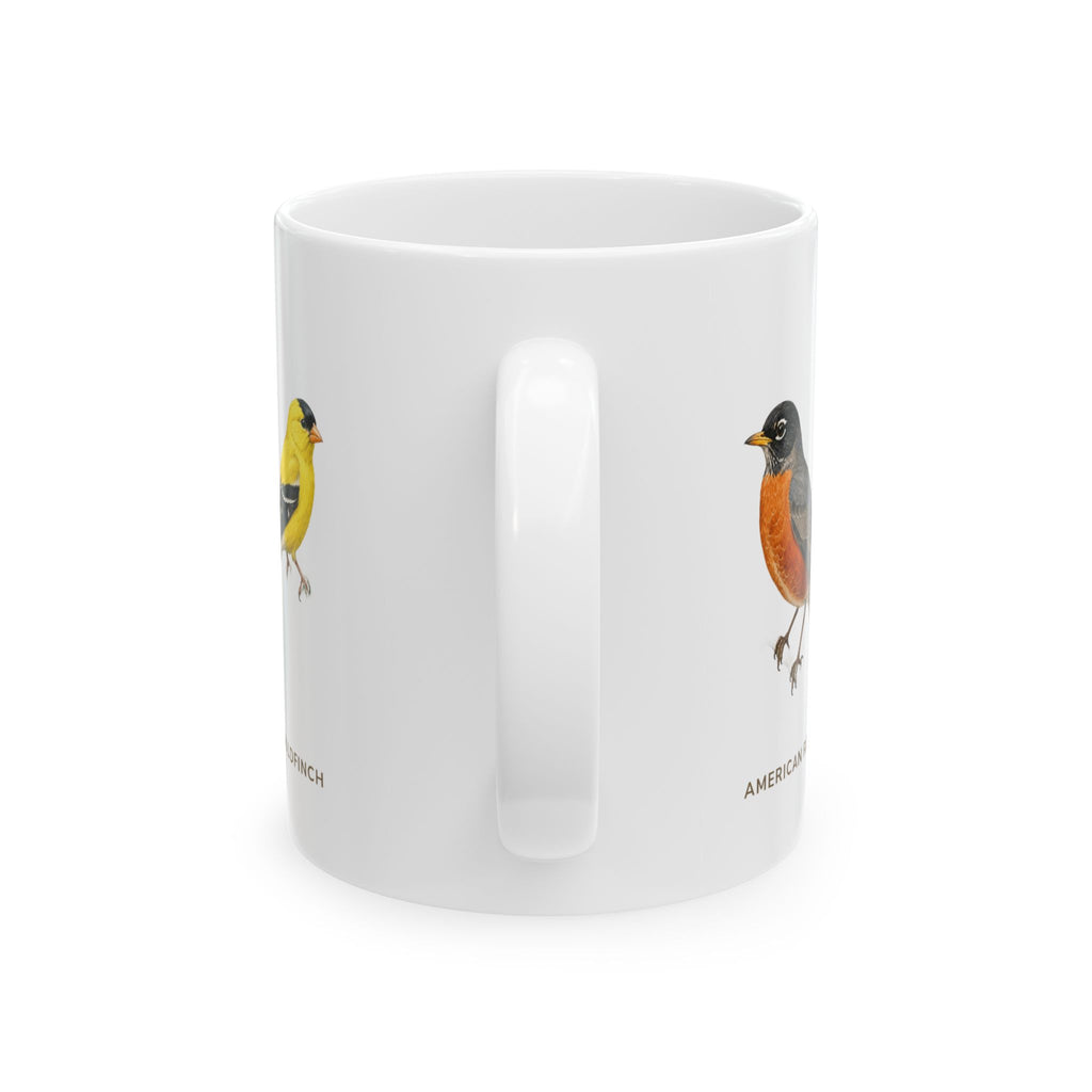 Backyard Birds of Michigan mug, alternate view — labeled Cardinal, Chickadee, Goldfinch and Robin illustrations