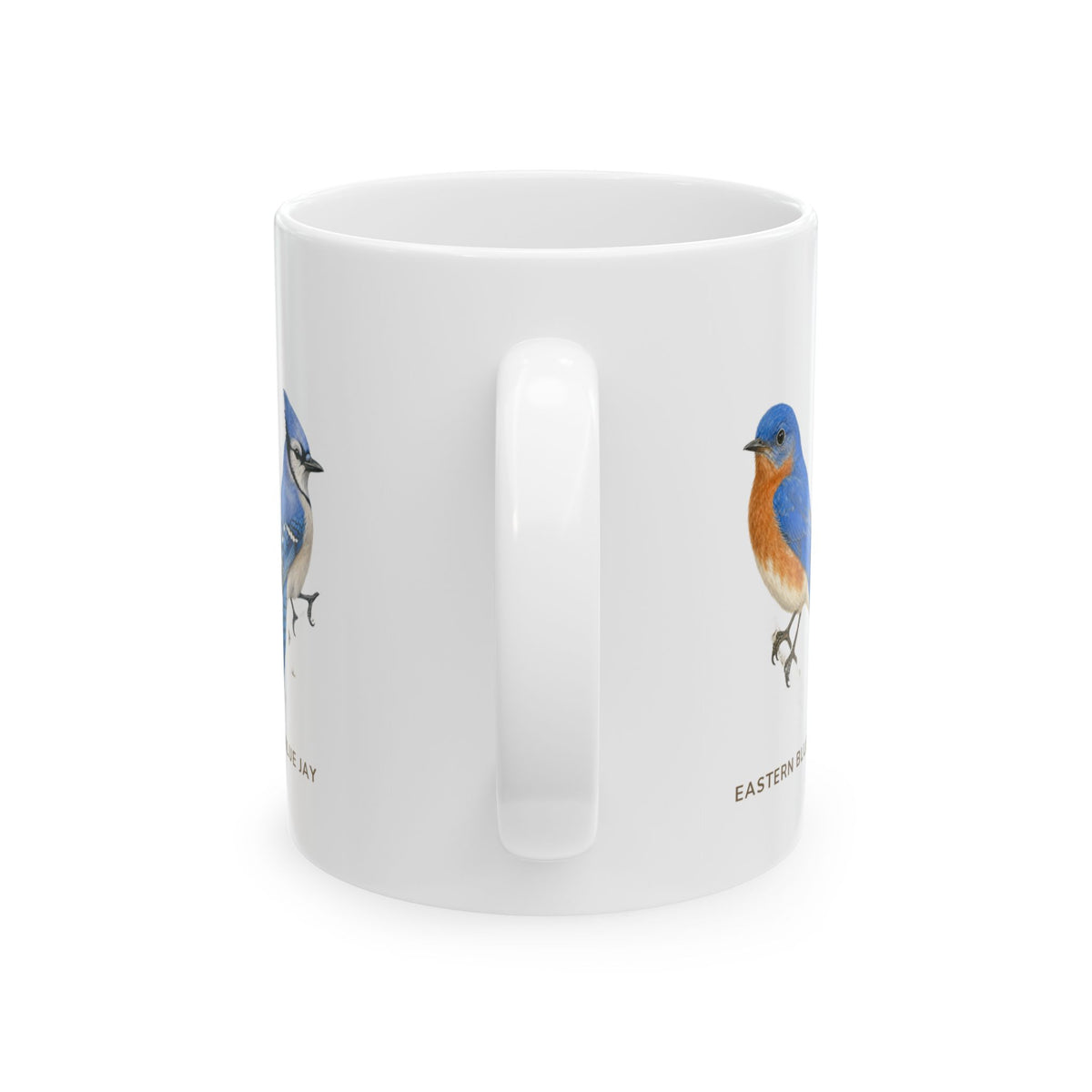 Backyard Birds of New York mug, alternate view — labeled Eastern Bluebird, Cardinal, Chickadee and Blue Jay illustrations