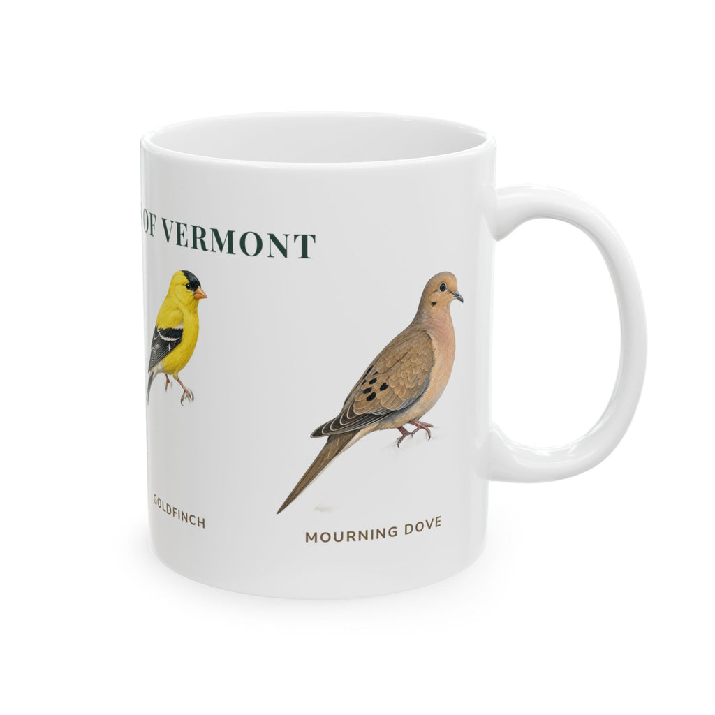 Backyard Birds of Vermont mug, right side with labeled bird illustrations