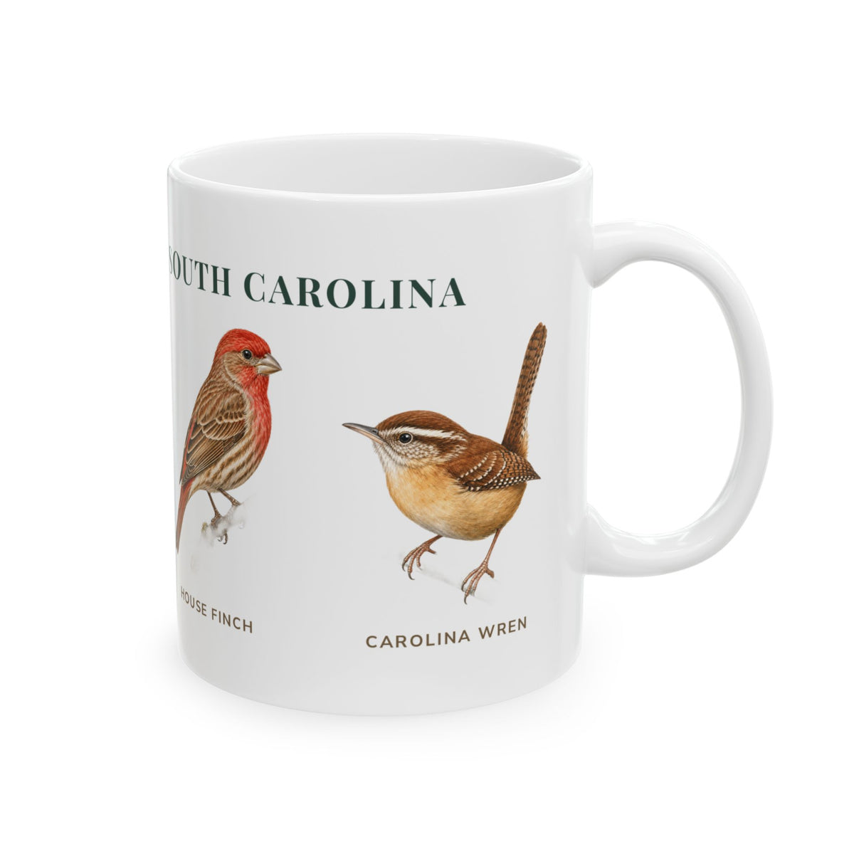 Backyard Birds of South Carolina mug, right side with labeled bird illustrations