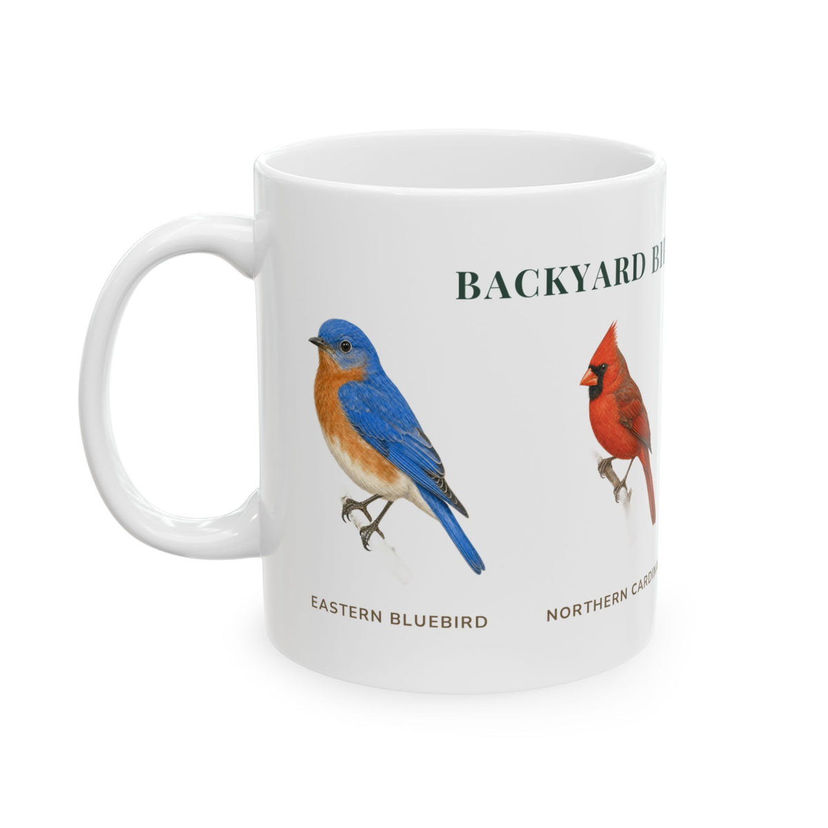 Backyard Birds of New York mug, alternate view — labeled Eastern Bluebird, Cardinal, Chickadee and Blue Jay illustrations