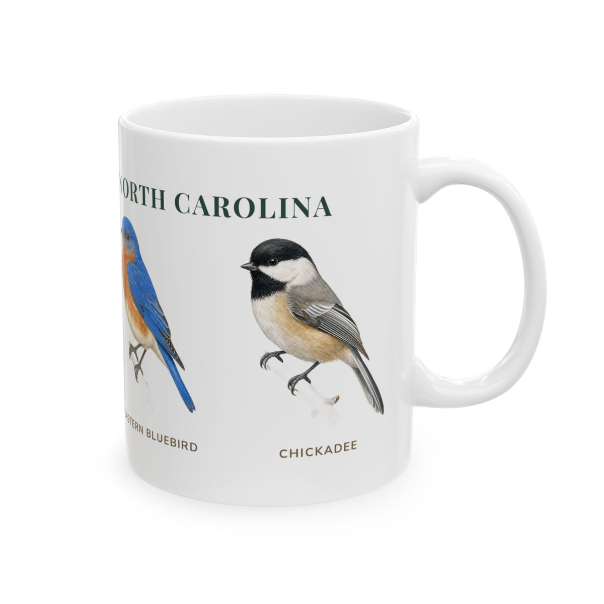 Backyard Birds of North Carolina mug, alternate view — labeled Carolina Wren and Eastern Bluebird illustrations
