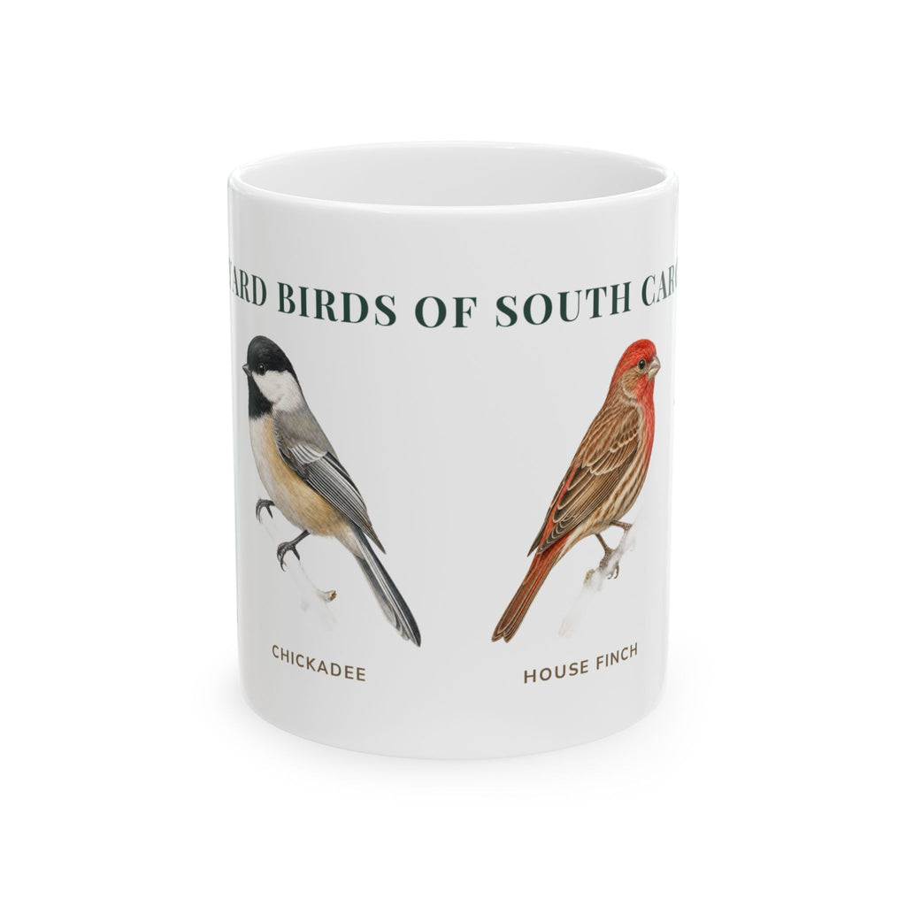 Backyard Birds of South Carolina ceramic mug with labeled Chickadee and House Finch illustrations