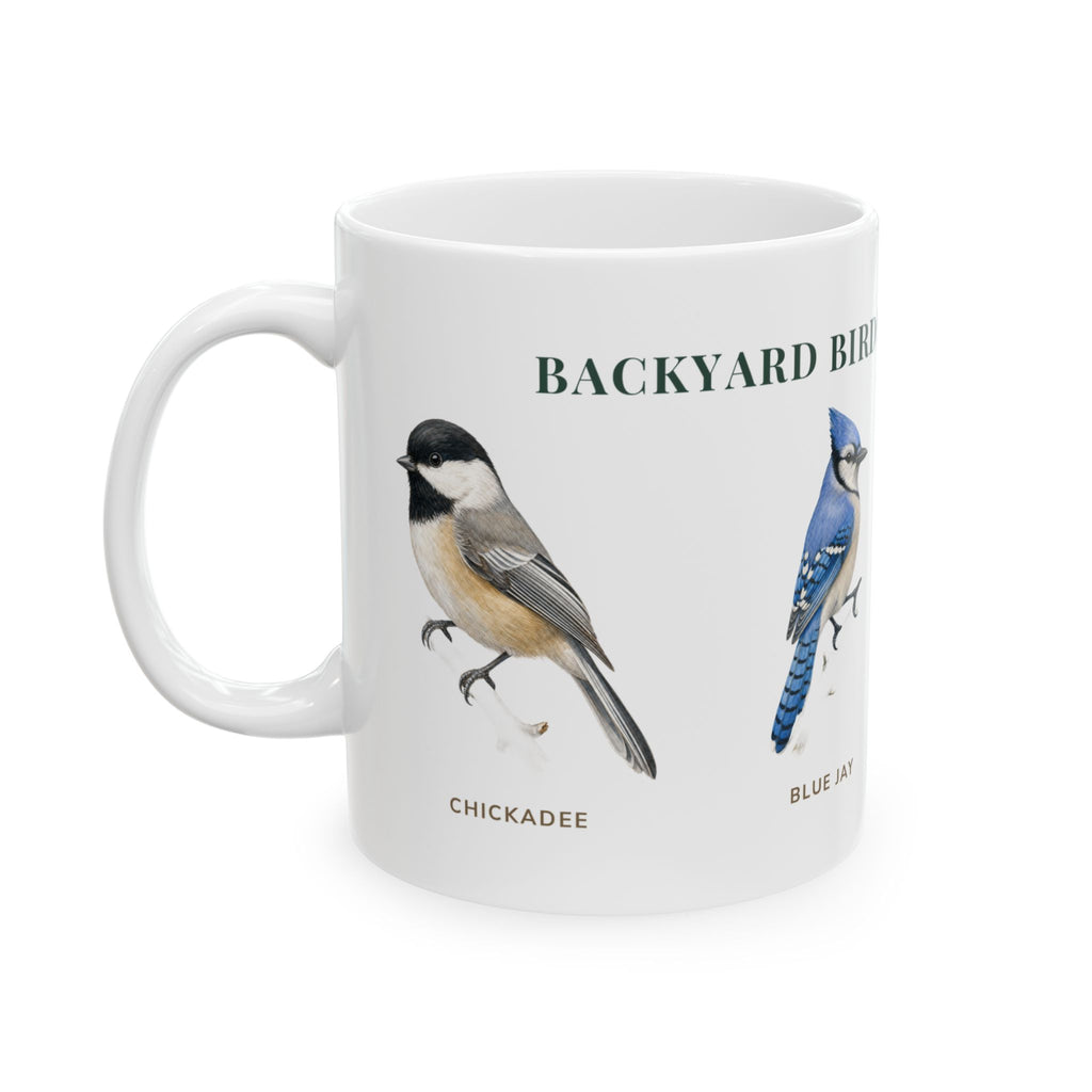 Backyard Birds of Rhode Island mug, left side with labeled bird illustrations