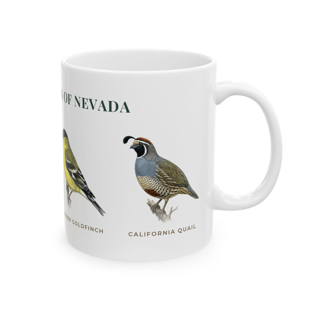 Backyard Birds of Nevada Mug — Labeled House Finch, White-crowned Sparrow, Lesser Goldfinch & California Quail (11oz)