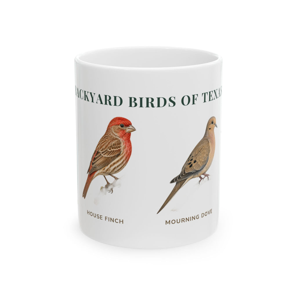 Backyard Birds of Texas ceramic mug with labeled illustrations of Northern Cardinal, House Finch and Mourning Dove