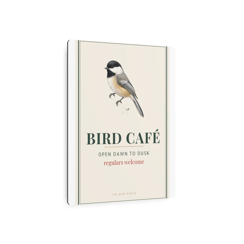 Bird Café Metal Sign – Open Dawn to Dusk Chickadee Porch Sign, Bird Feeder Garden Decor