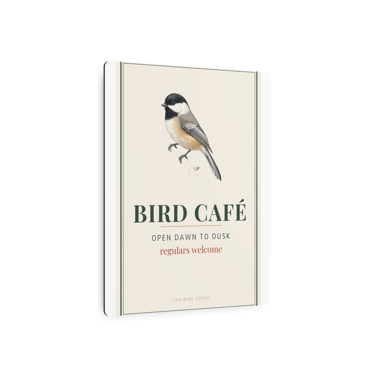 Bird Café Metal Sign – Open Dawn to Dusk Chickadee Porch Sign, Bird Feeder Garden Decor