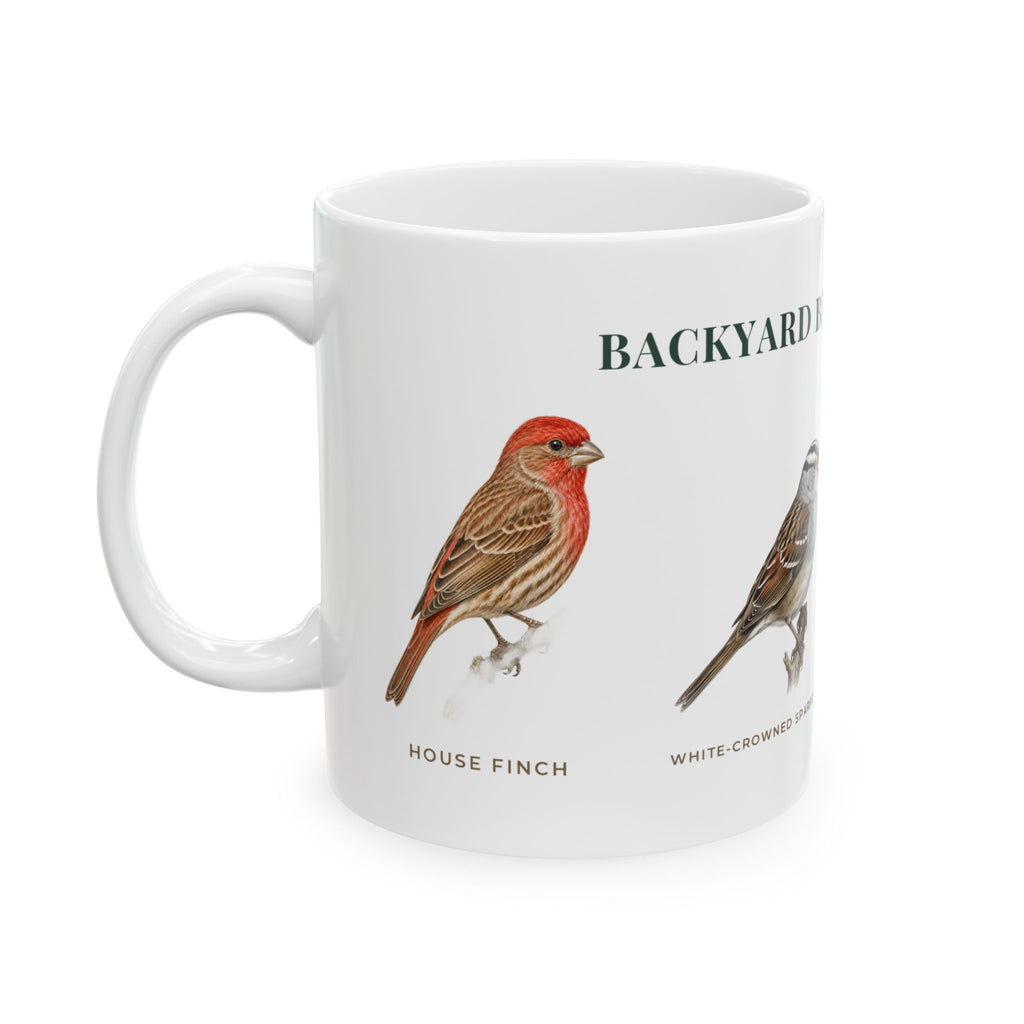 Backyard Birds of Nevada Mug — Labeled House Finch, White-crowned Sparrow, Lesser Goldfinch & California Quail (11oz)