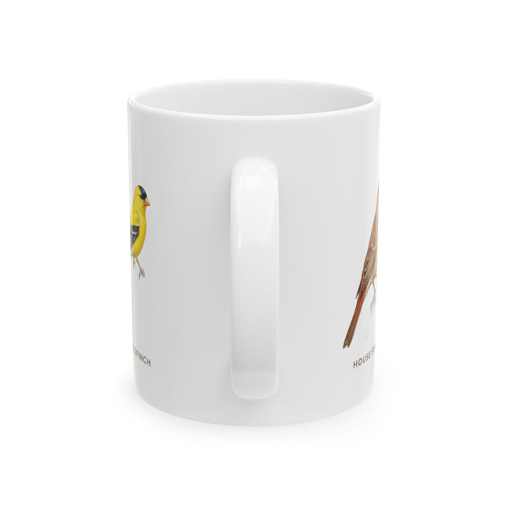 Backyard Birds of California mug, handle view — labeled goldfinch and House Finch at the edges