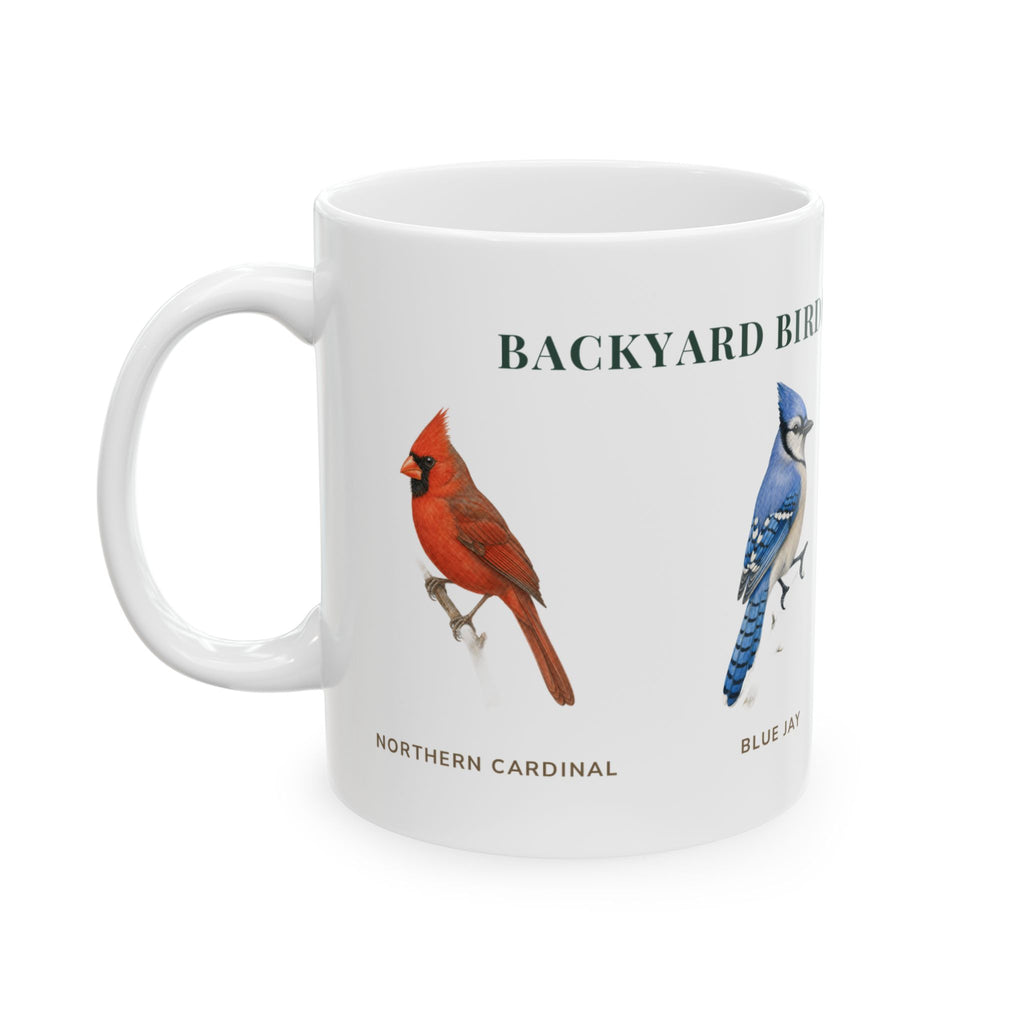 Backyard Birds of West Virginia mug, left side with labeled bird illustrations