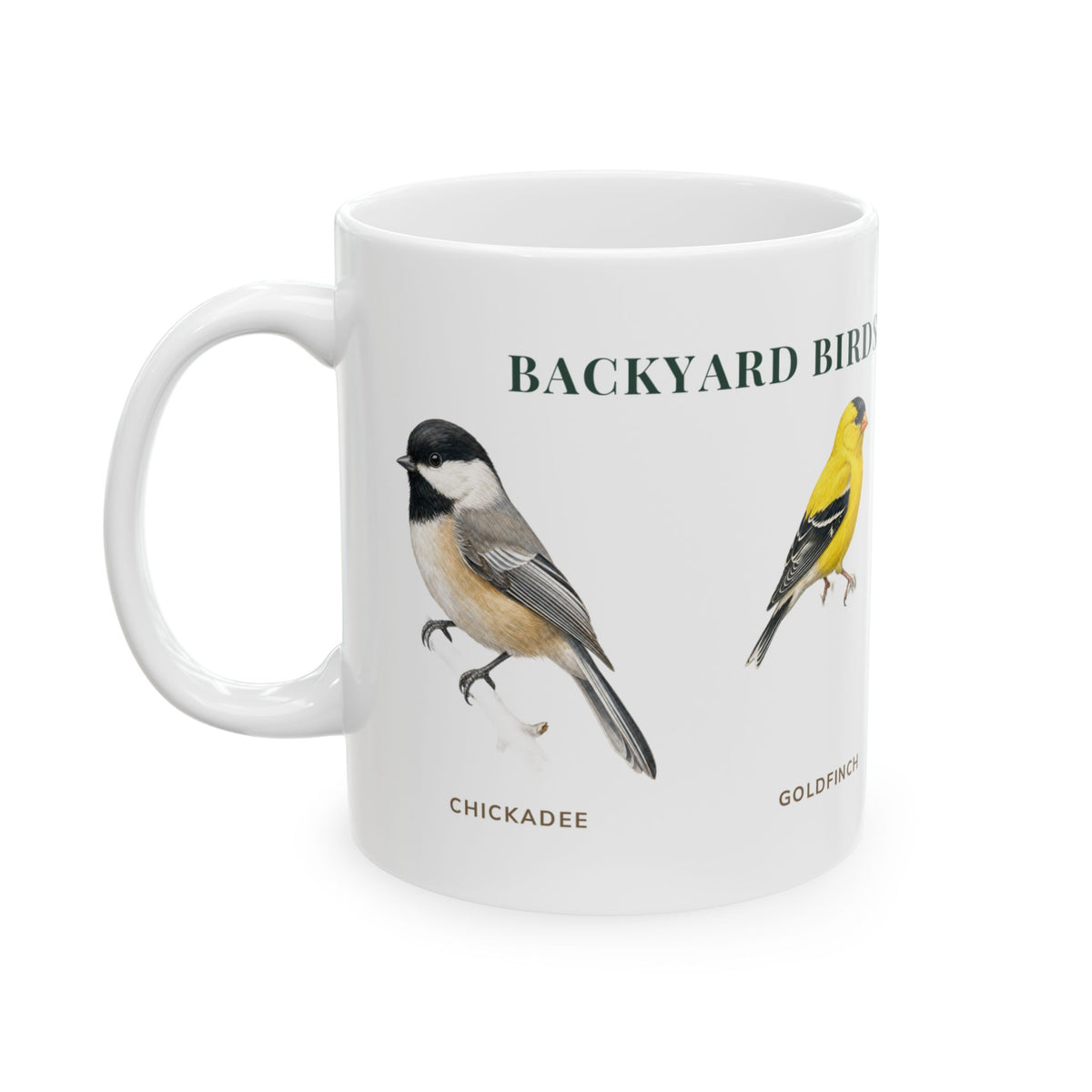 Backyard Birds of New Hampshire mug, left side with labeled bird illustrations