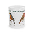 Backyard Birds of Washington ceramic mug with labeled illustrations of Black-capped Chickadee, American Robin, House Finch and American Goldfinch