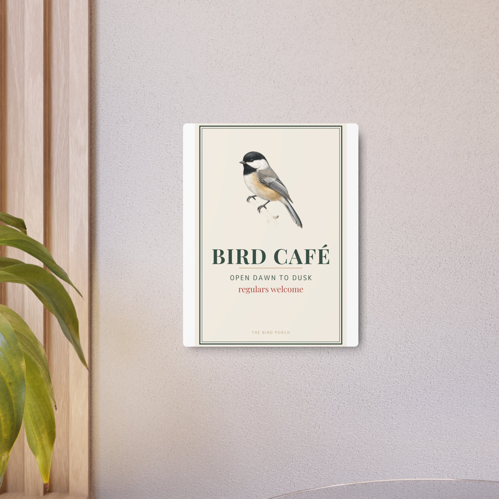 Bird Café Metal Sign – Open Dawn to Dusk Chickadee Porch Sign, Bird Feeder Garden Decor