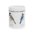Backyard Birds of North Dakota ceramic mug with labeled Chickadee and Blue Jay illustrations