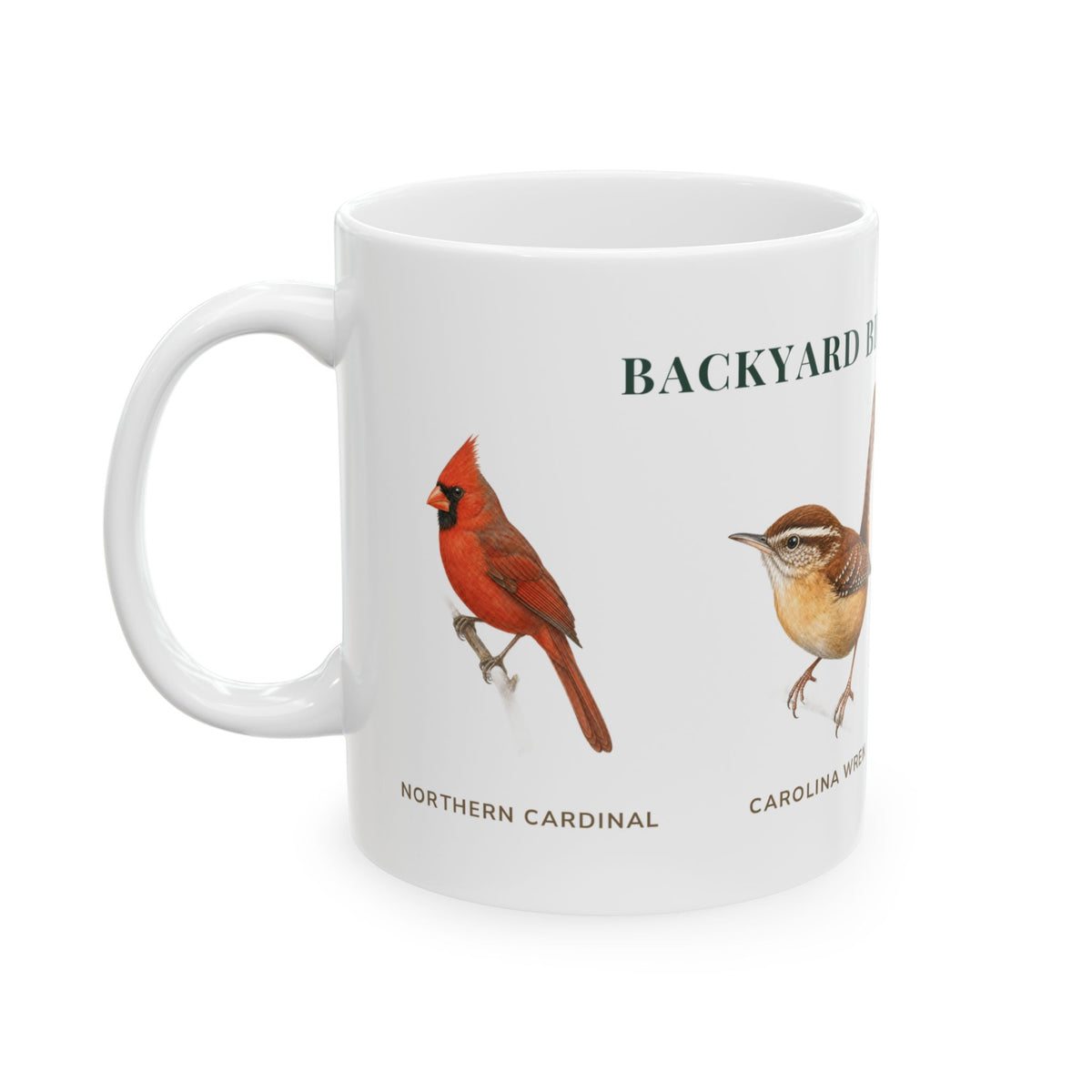 Backyard Birds of Virginia mug, alternate view — labeled Carolina Wren, Blue Jay and Cardinal illustrations