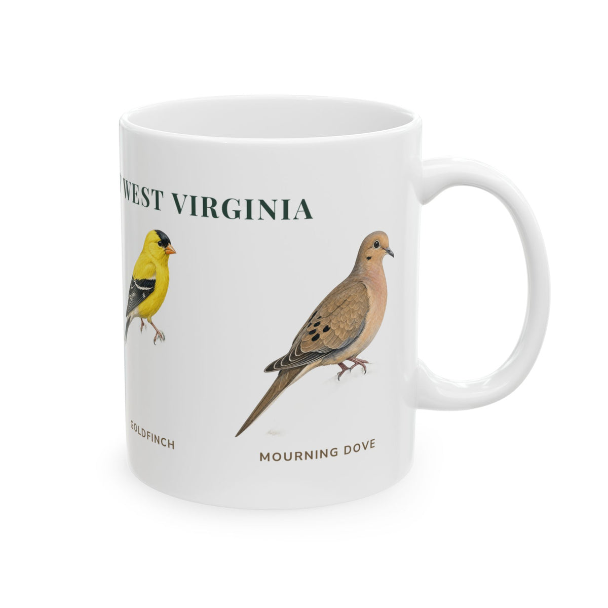 Backyard Birds of West Virginia mug, right side with labeled bird illustrations