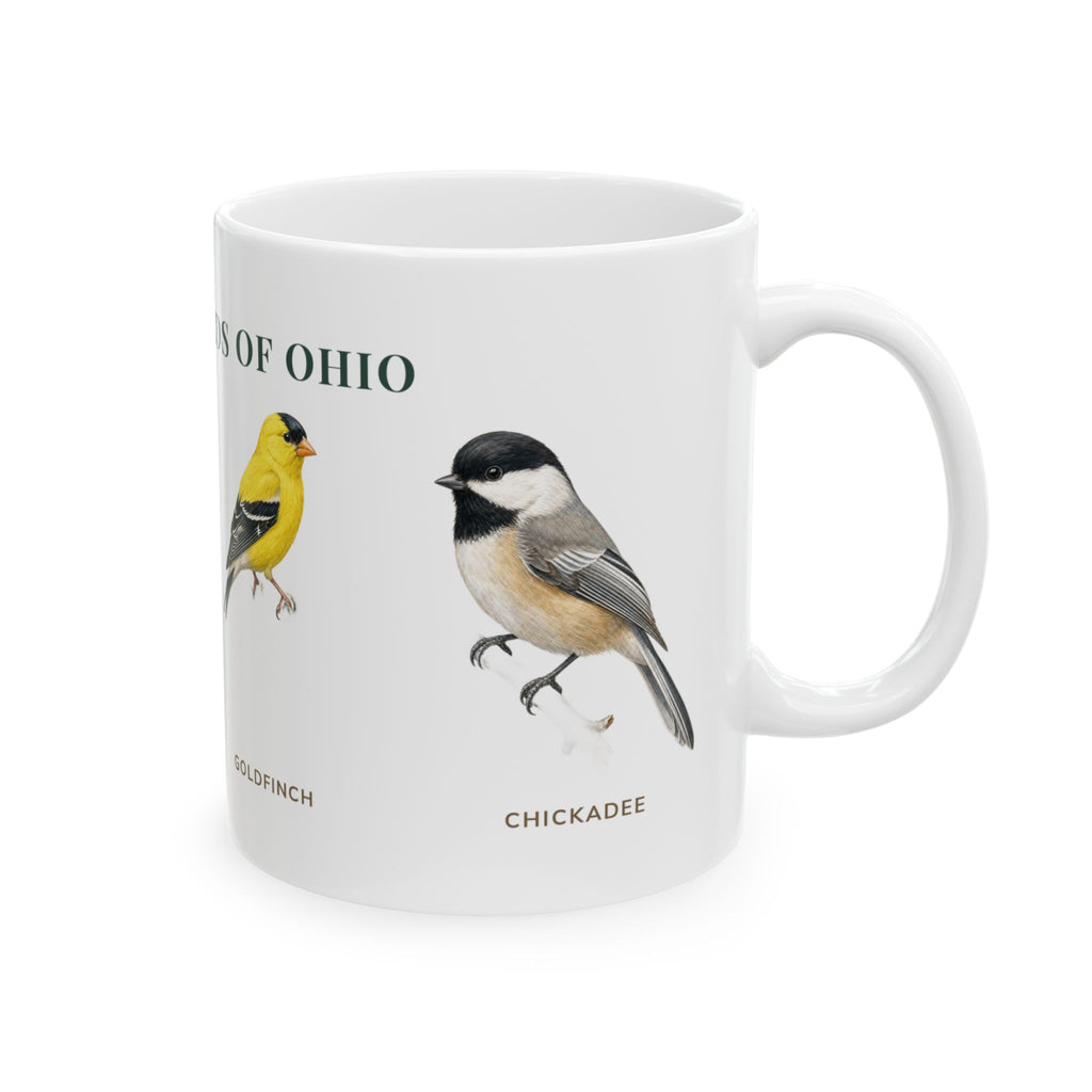 Backyard Birds of Ohio mug, alternate view — labeled Northern Cardinal, Blue Jay and American Goldfinch illustrations