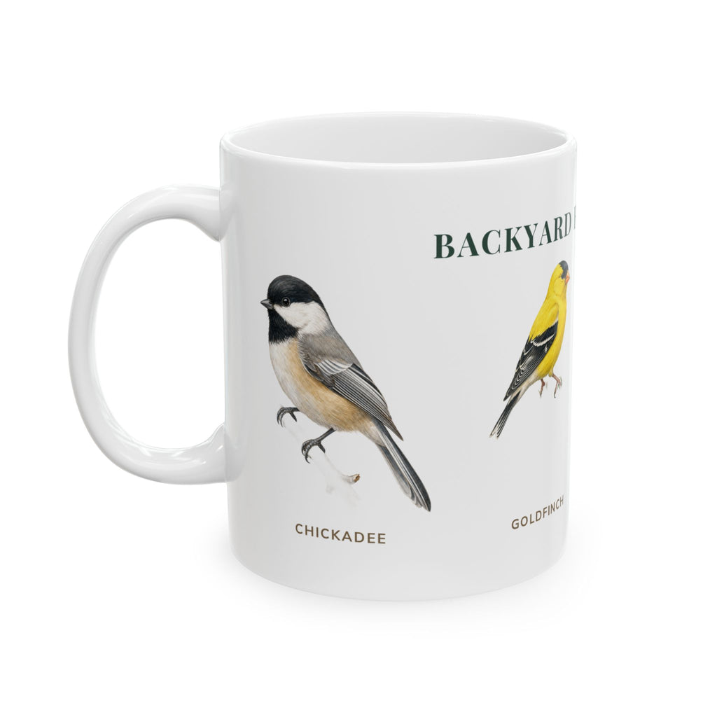 Backyard Birds of Maine mug, left side with labeled bird illustrations