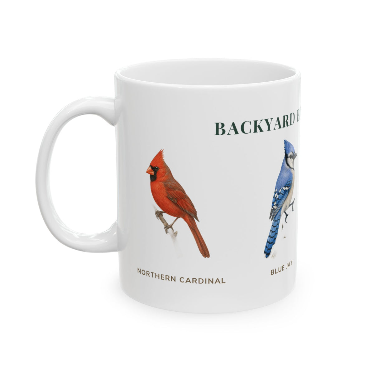 Backyard Birds of Florida mug, alternate view — labeled Blue Jay, Mourning Dove and Northern Cardinal illustrations