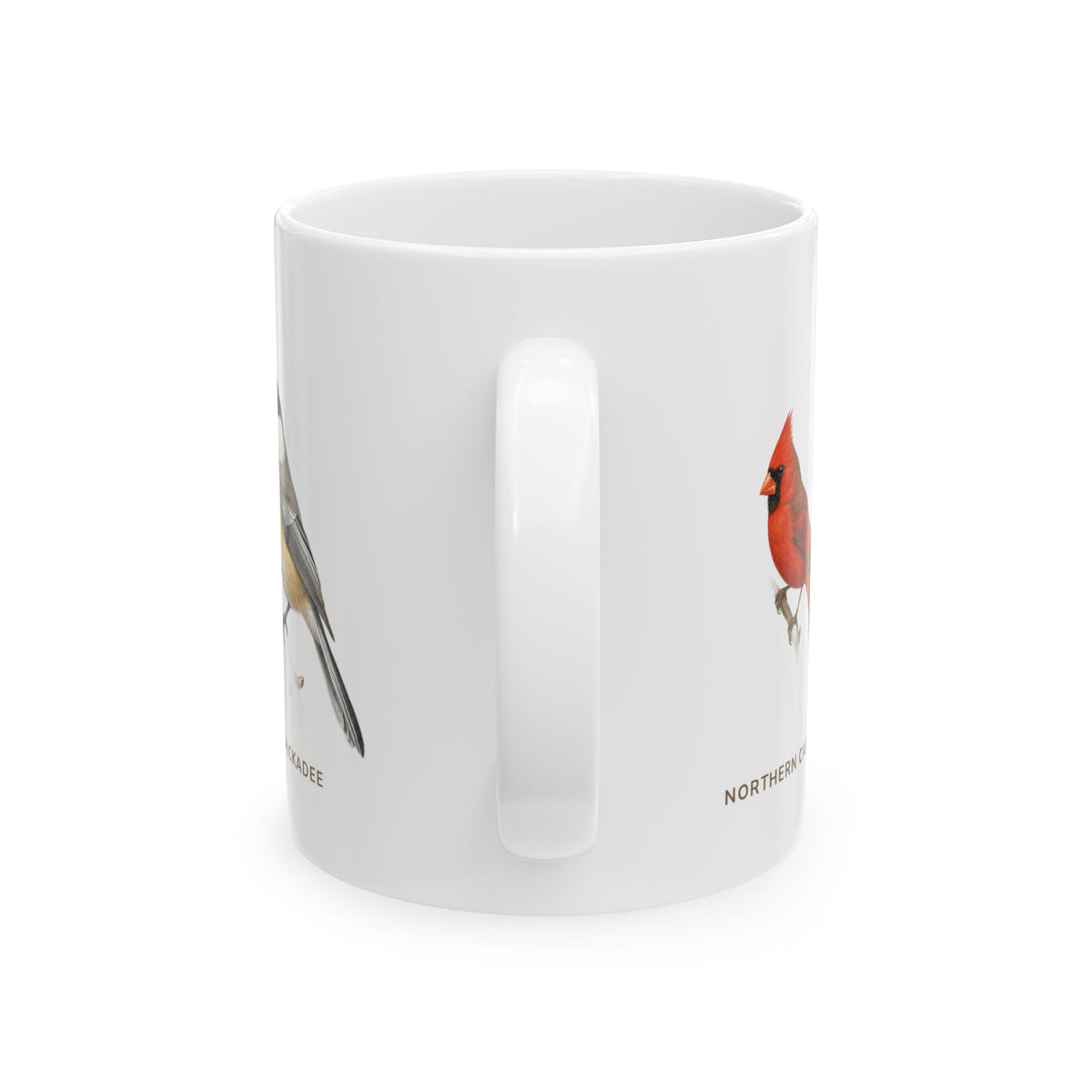 Backyard Birds of Ohio mug, alternate view — labeled Northern Cardinal, Blue Jay and American Goldfinch illustrations
