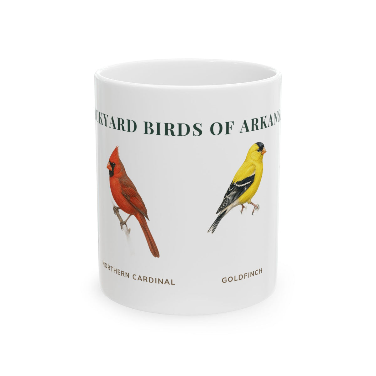 Backyard Birds of Arkansas ceramic mug with labeled Northern Cardinal and American Goldfinch illustrations