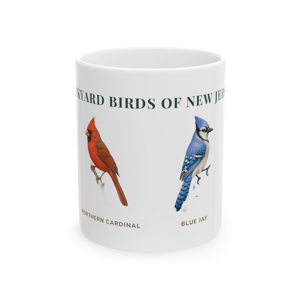 Backyard Birds of New Jersey ceramic mug with labeled Northern Cardinal and Blue Jay illustrations