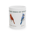 Backyard Birds of New Jersey ceramic mug with labeled Northern Cardinal and Blue Jay illustrations