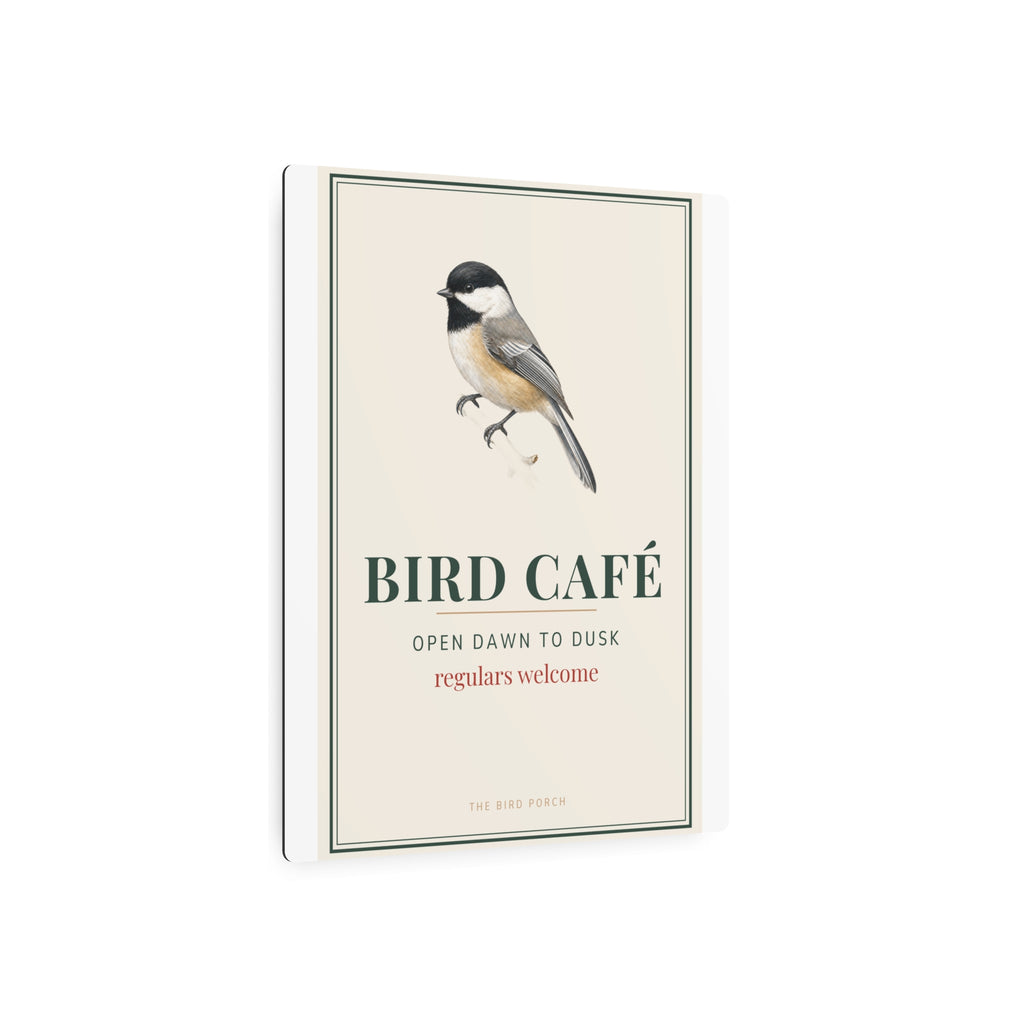 Bird Café Metal Sign – Open Dawn to Dusk Chickadee Porch Sign, Bird Feeder Garden Decor