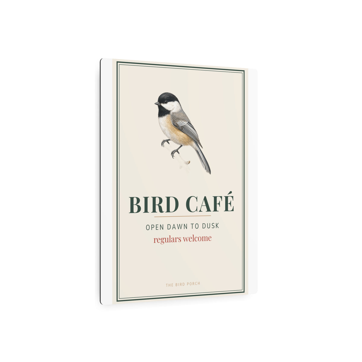 Bird Café Metal Sign – Open Dawn to Dusk Chickadee Porch Sign, Bird Feeder Garden Decor