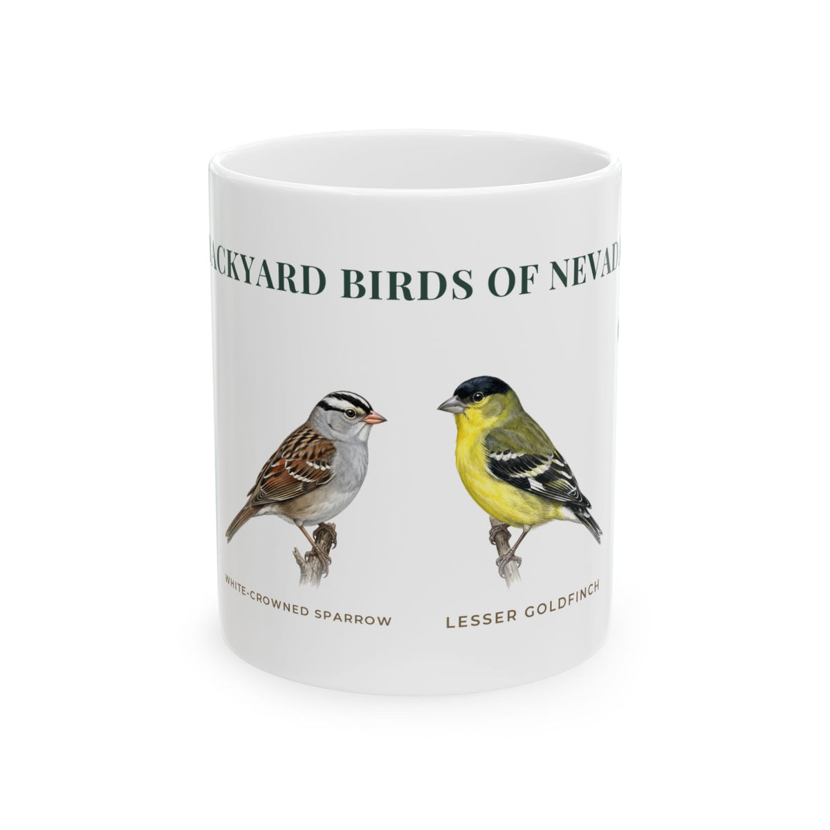 Backyard Birds of Nevada Mug — Labeled House Finch, White-crowned Sparrow, Lesser Goldfinch & California Quail (11oz)