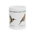 Backyard Birds of California ceramic mug with labeled hummingbird and Mourning Dove illustrations
