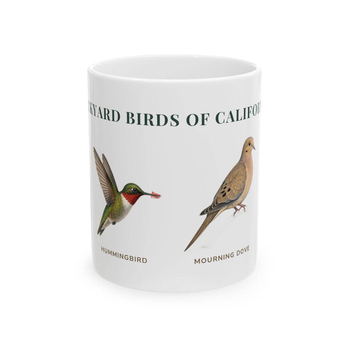 Backyard Birds of California ceramic mug with labeled hummingbird and Mourning Dove illustrations