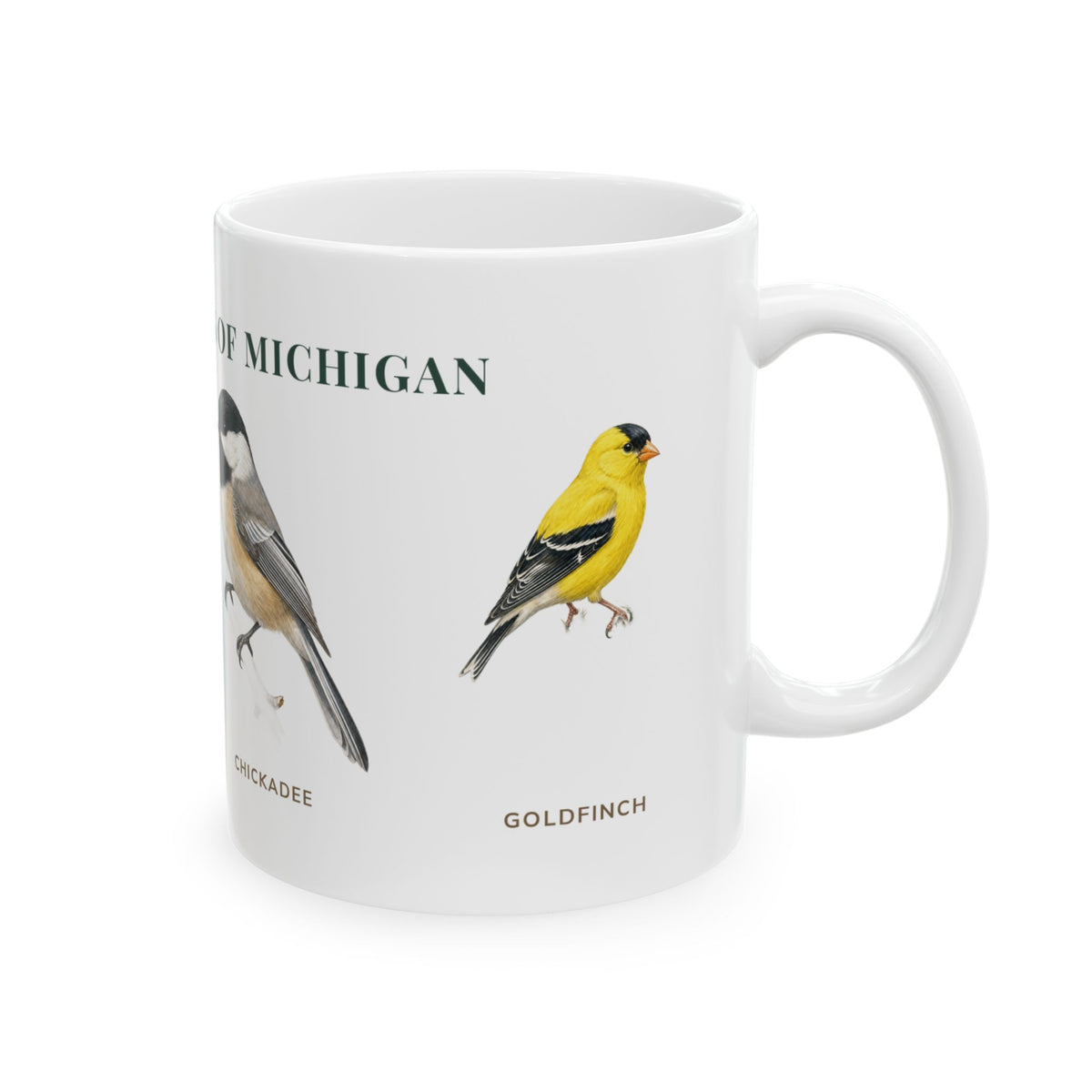 Backyard Birds of Michigan mug, alternate view — labeled Cardinal, Chickadee, Goldfinch and Robin illustrations