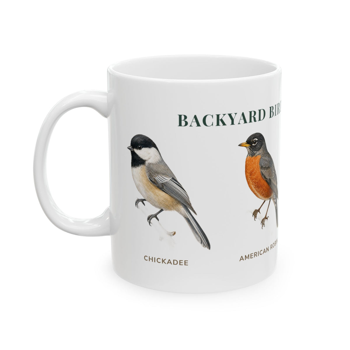 Backyard Birds of Washington mug, alternate view — labeled Chickadee, Robin, House Finch and Goldfinch illustrations