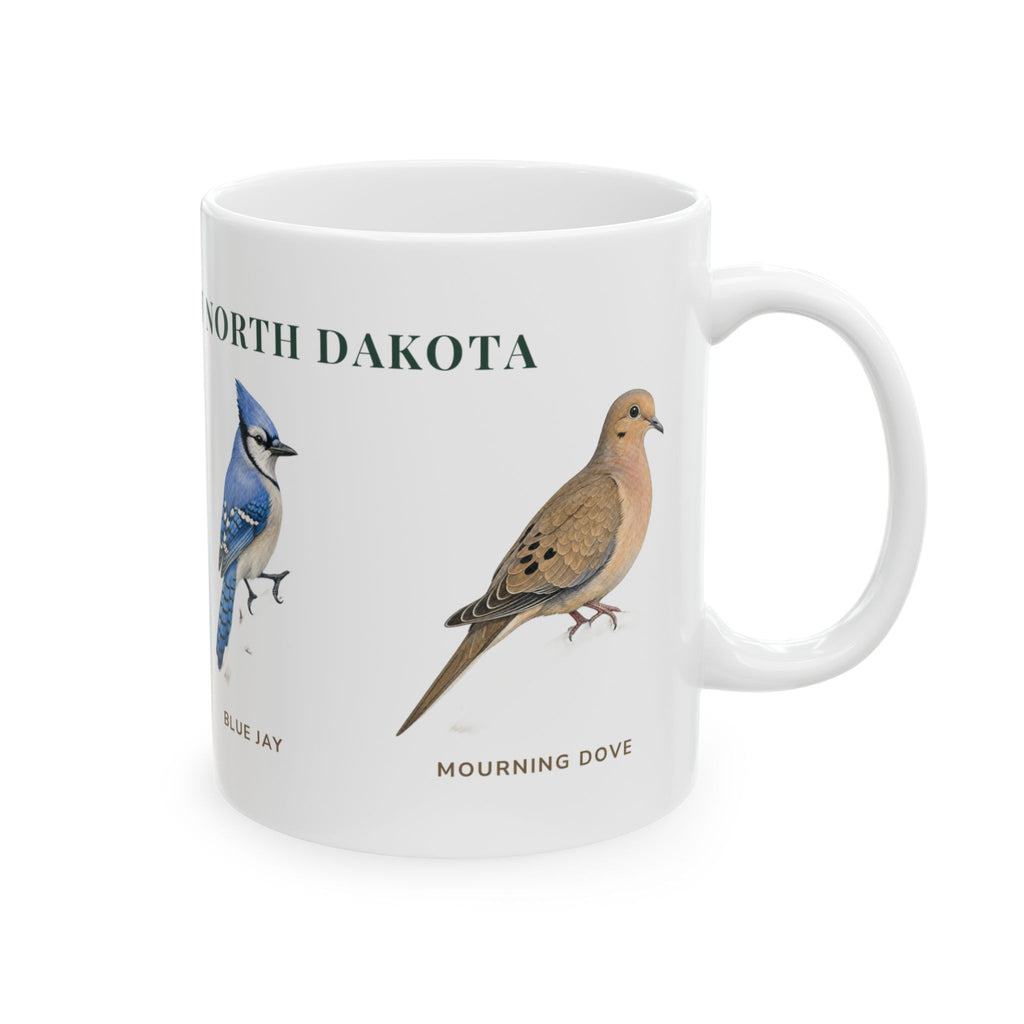 Backyard Birds of North Dakota mug, right side with labeled bird illustrations
